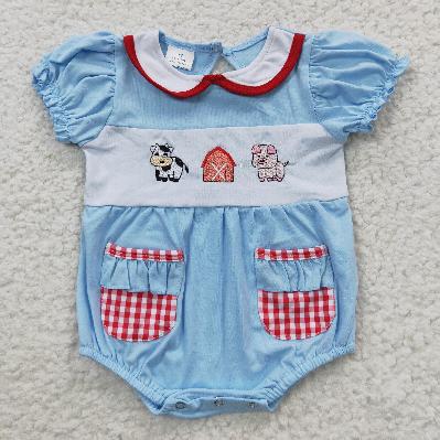 SR0263 blue cow embroidery  Romper (usa warehouse)