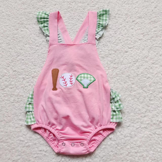 SR0271 Pink baseball embroidery  Romper (usa warehouse)