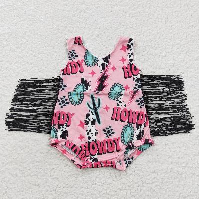 SR032 Western pink cactus with tassels baby Romper (usa warehouse)