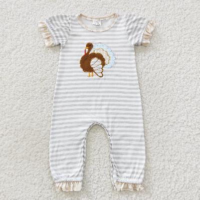 SR0407 Thanksgiving Turkey Embroidery Print Stripe baby Romper (usa warehouse)