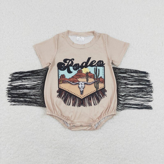 SR0464  Western cow Print With tassel baby Romper (usa warehouse)