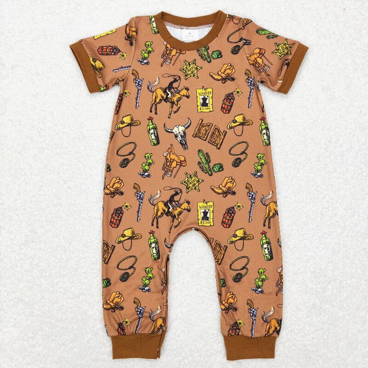 SR0569 western brown cow Print baby Romper (usa warehouse)
