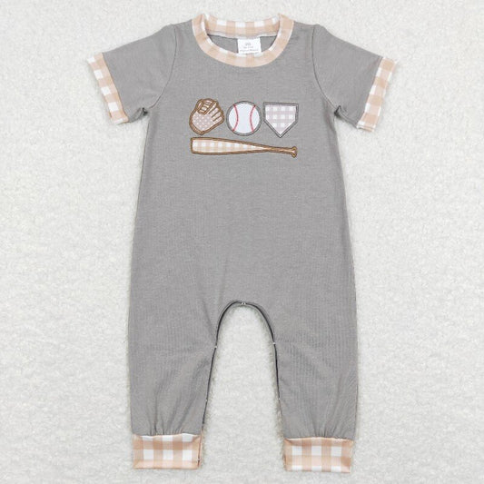 SR0614 Grey baseball embroidery Print baby Romper （us warehouse）