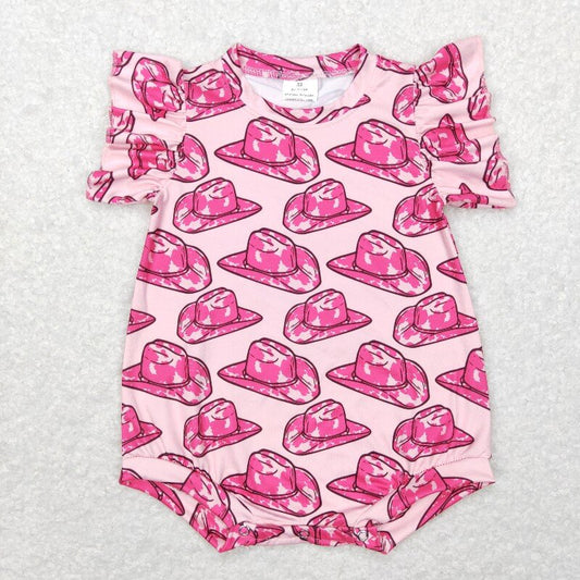 SR0623 western Pink hat Print baby Romper （us warehouse）