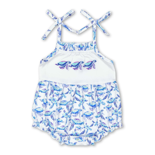 Blue short-sleeved embroidery turtle Girls baby Romper （us warehouse）