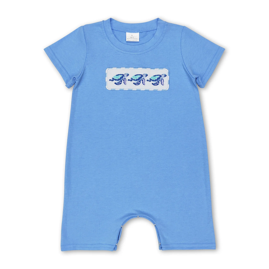 Blue short-sleeved embroidery turtle baby Romper （us warehouse）