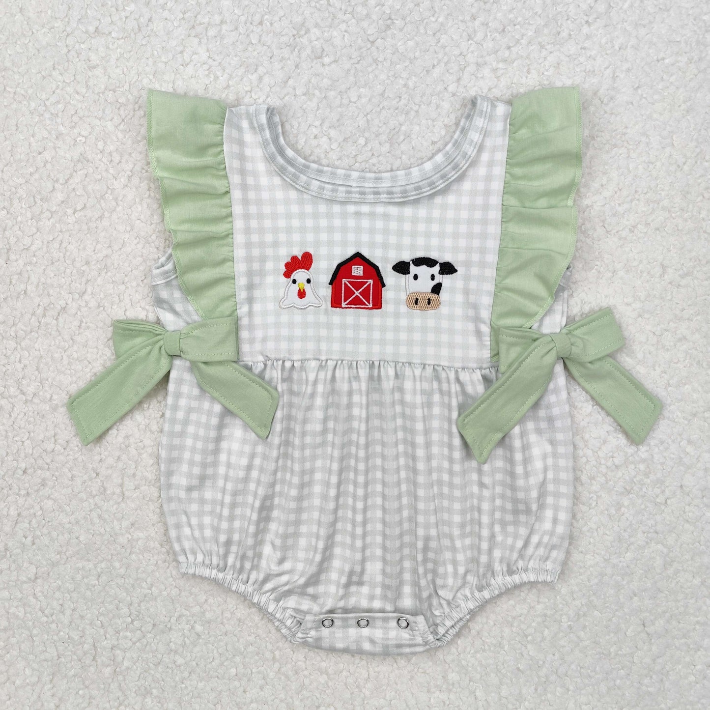 white plaid embroidery pattern green bow lace Baby Romper