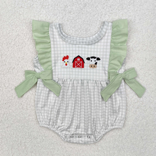 white plaid embroidery pattern green bow lace Baby Romper