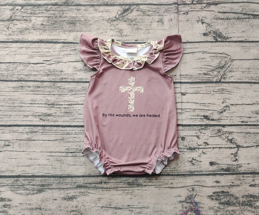 pre -order brown camo crucifix baby romperSR2310