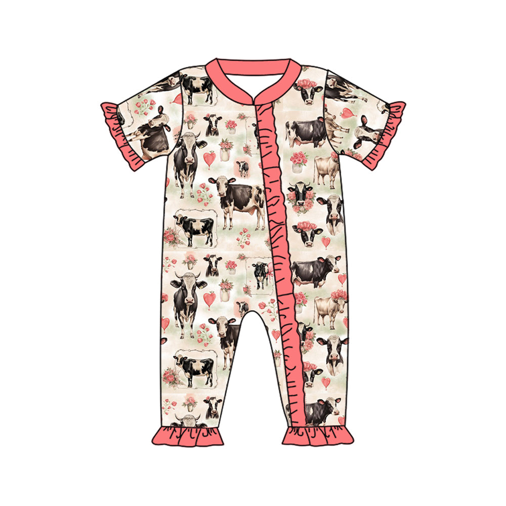 Pre-order flowers cow print with zipper short sleeve baby romper SR2345