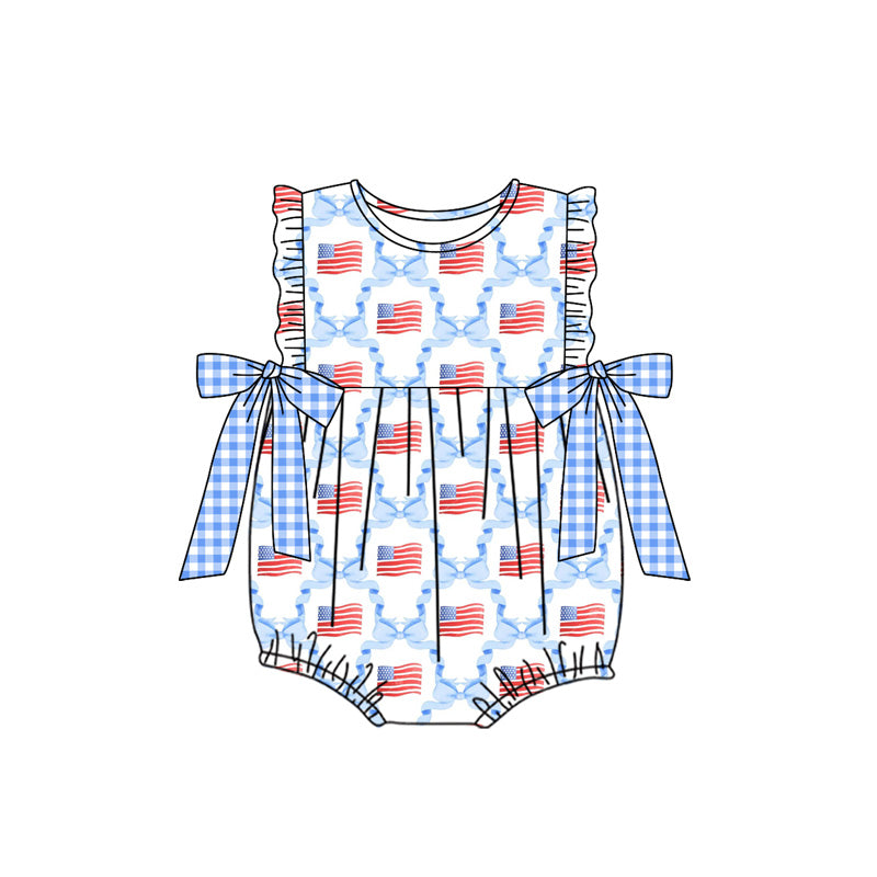 pre -order blue bow flag print short sleeve baby romperSR2353