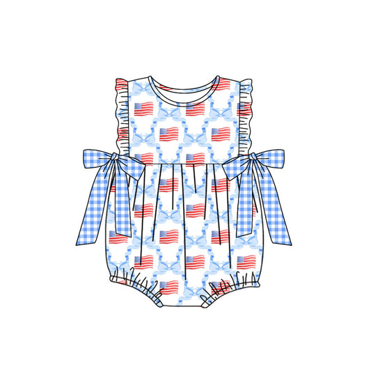 pre -order blue bow flag print short sleeve baby romperSR2353