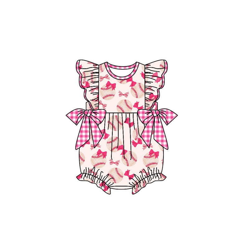 pre -order pink bow baseball print short sleeve baby romperSR2355