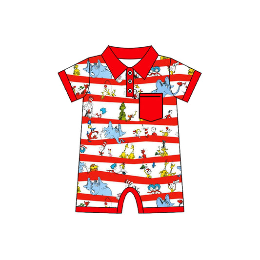 pre -order red stripe cartoon print short sleeve baby romperSR2364