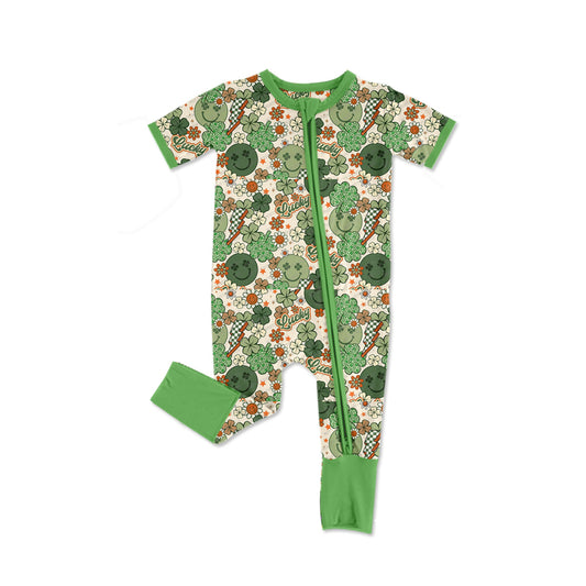 Pre-order green flowers smile print with zipper short sleeve baby romper SR2395
