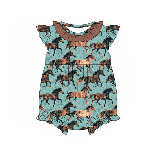 Pre-order green hunting horse print flying sleeve baby romperSR2747