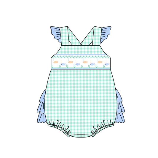 Pre-order green plaid flying sleeve baby romperSR2750