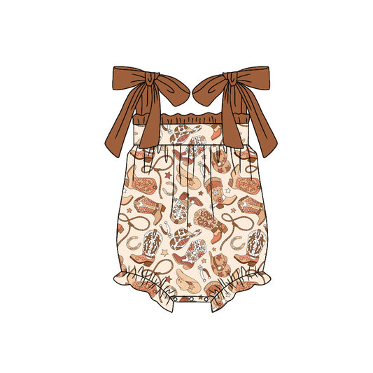 Pre-order  brown boots bow baby romperSR2752