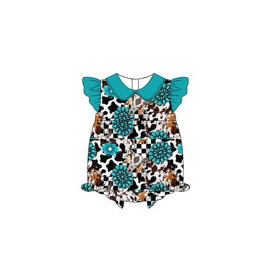 Pre-order turquoise cow leopard short sleeve baby romperSR2274