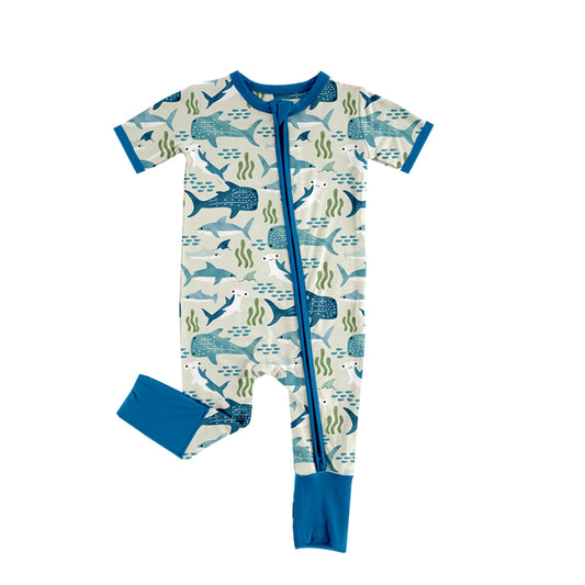 Pre-order shark sea grass short sleeve baby zipper romperSR2777