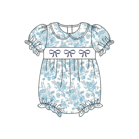 Pre-order blue flowers bows print short sleeve baby romperSR2784