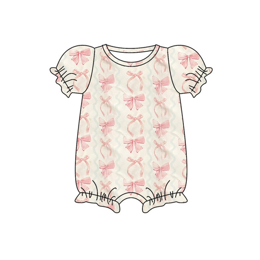 Pre-order pink bows beige stripe short sleeve baby romperSR2786