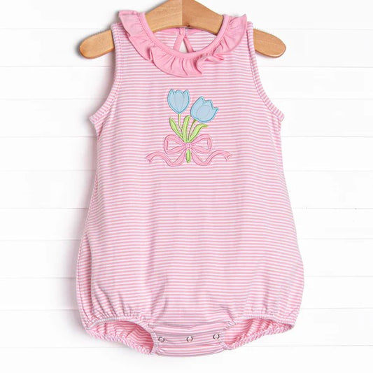 Pre-order Pink stripe flowers print sleeveless romper SR2855