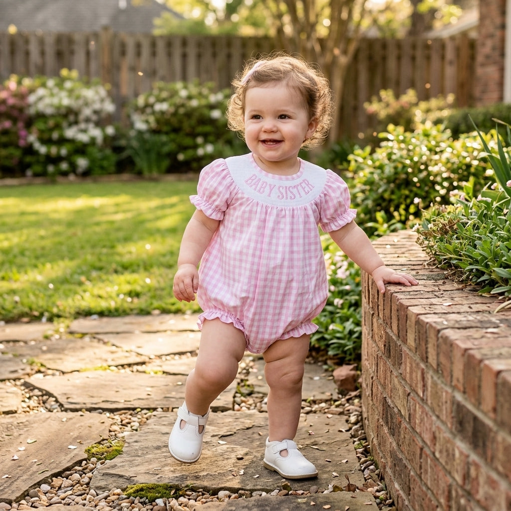 SR4230 Smocked Baby Sister Pink Plaid Baby Girls Romper
