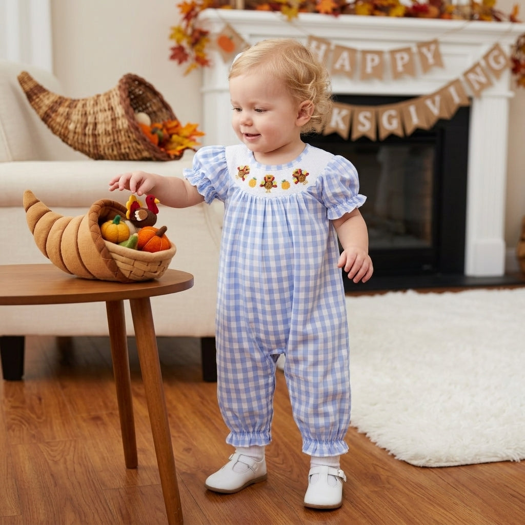 SR4276 Smocked Thanksgiving Day Turkey Pumpkin Plaid Baby Romper