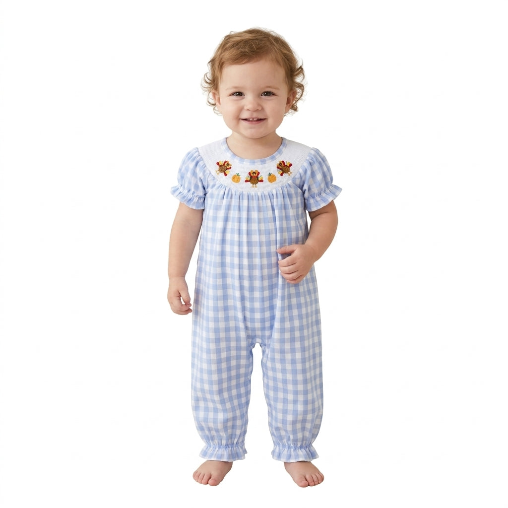 SR4276 Smocked Thanksgiving Day Turkey Pumpkin Plaid Baby Romper