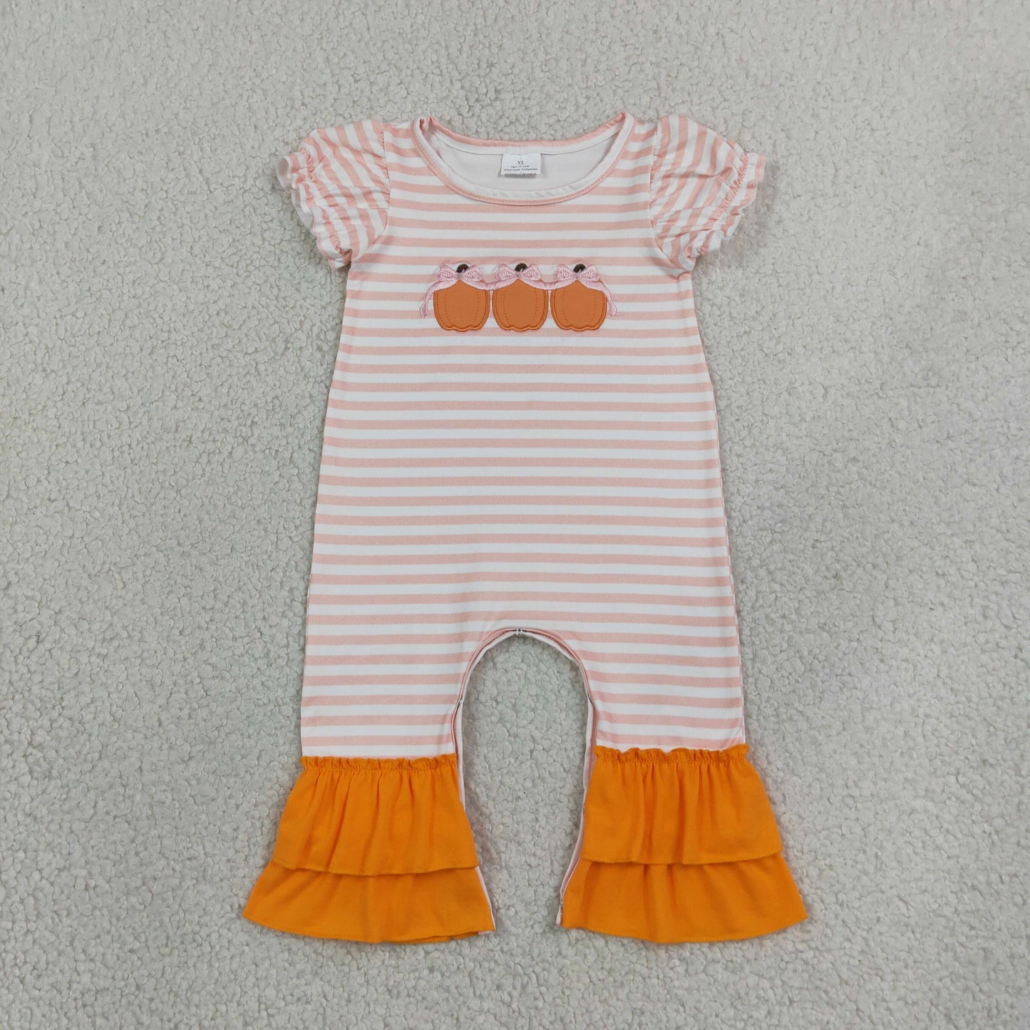 SR4284 Embroidery Fall Pumpkin Bows Stripe Pink Baby Girls Romper