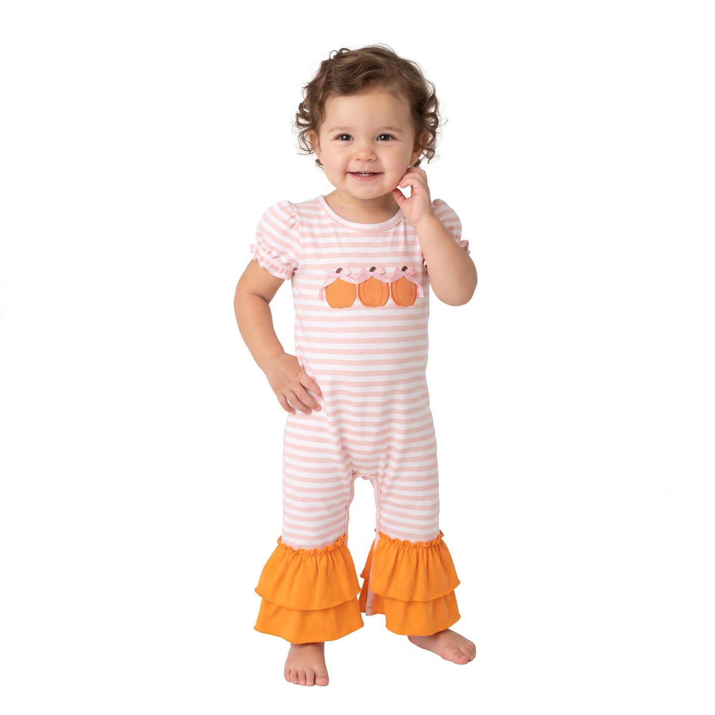 SR4284 Embroidery Fall Pumpkin Bows Stripe Pink Baby Girls Romper