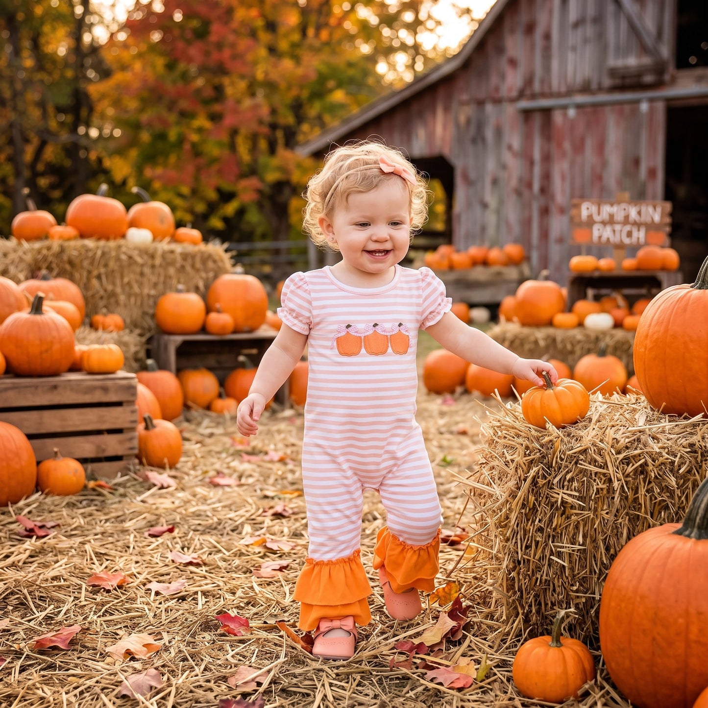 SR4284 Embroidery Fall Pumpkin Bows Stripe Pink Baby Girls Romper