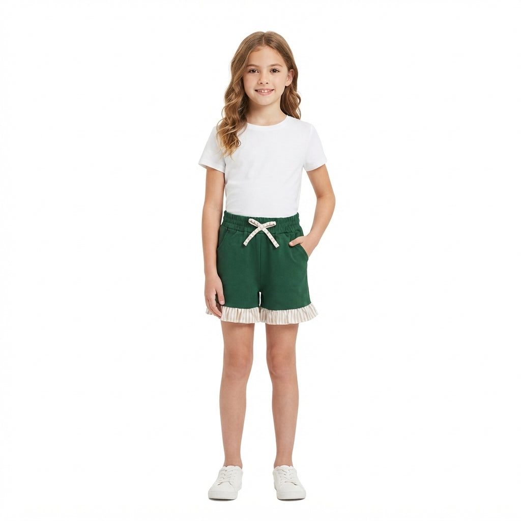 SS0998 Solid Color Dark Green Stripe Ruffles Girl's Shorts