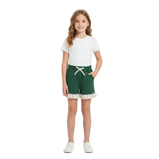 SS0998 Solid Color Dark Green Stripe Ruffles Girl's Shorts