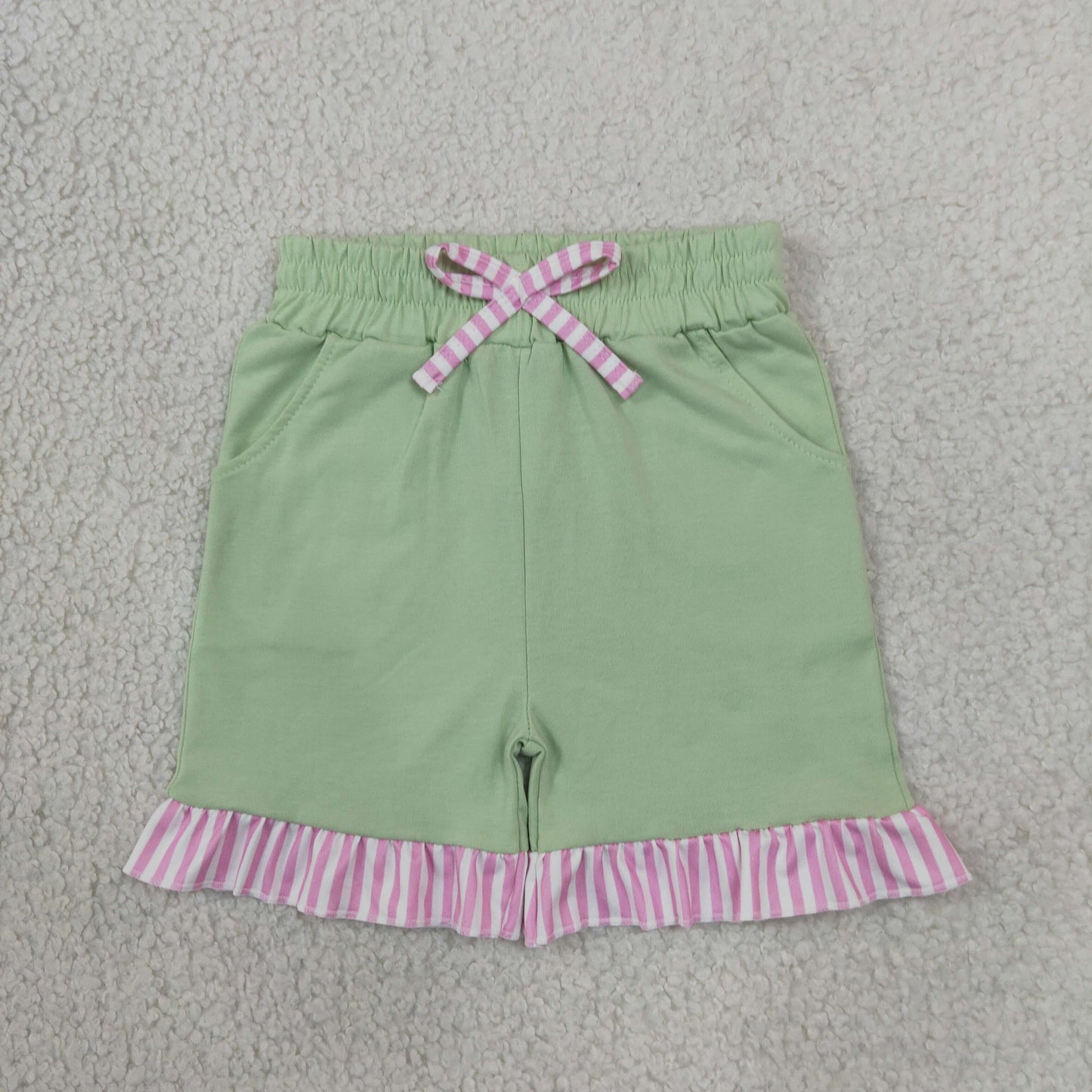 SS1000 Solid Color Stripe Ruffles Light Green Girl's Shorts