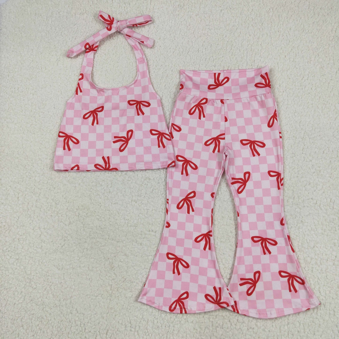 Pink Plaid bows Girls Suit Summer SetGSPO2030