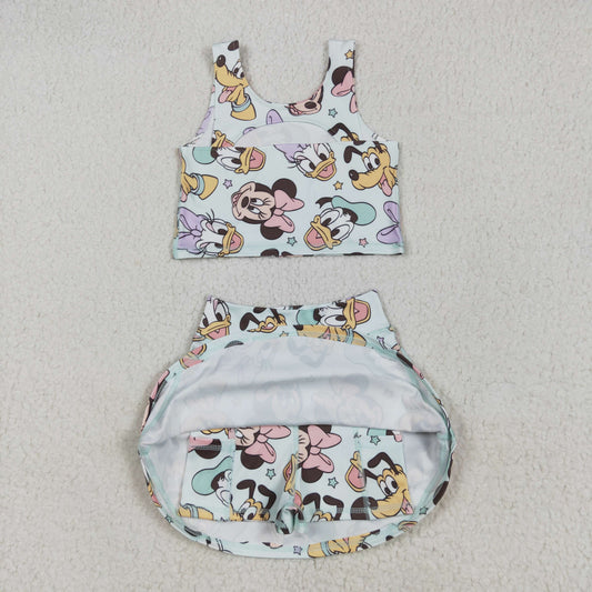 Cartoon print sleeveless girl yoga set