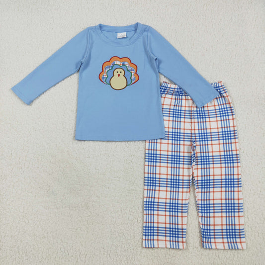 Blue turkey embroidery Boy thanksgiving  set BLP1079