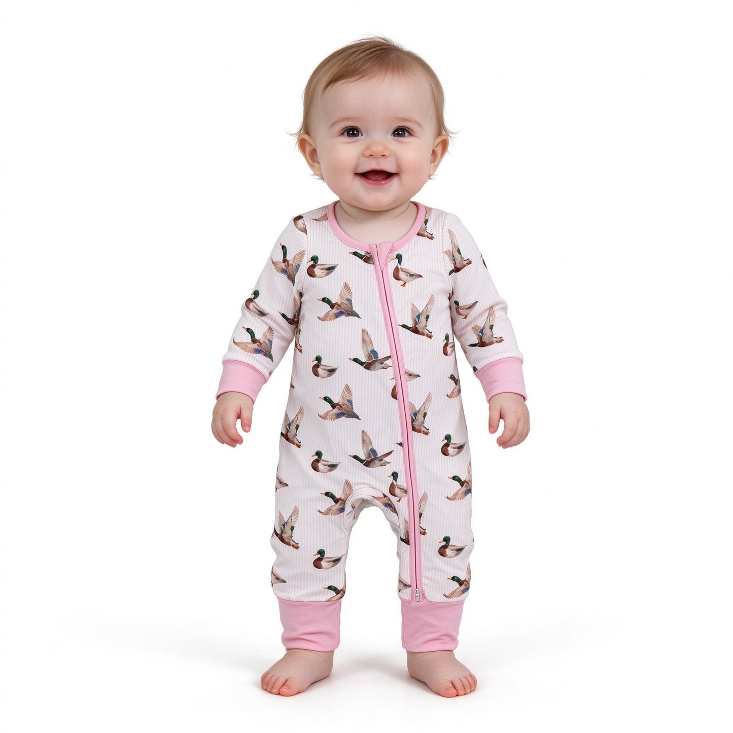 LR3218 Mallard Ducks Stripe Pink Baby Footie Sleepers Romper