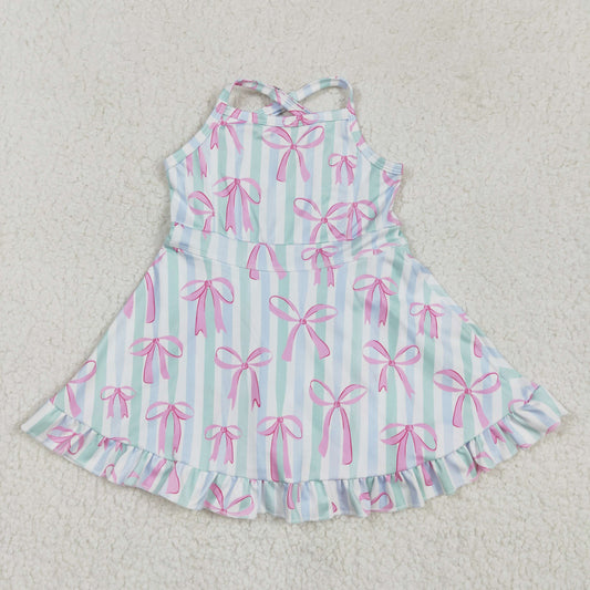 blue green stripe bows yoga sleeveless print girl set