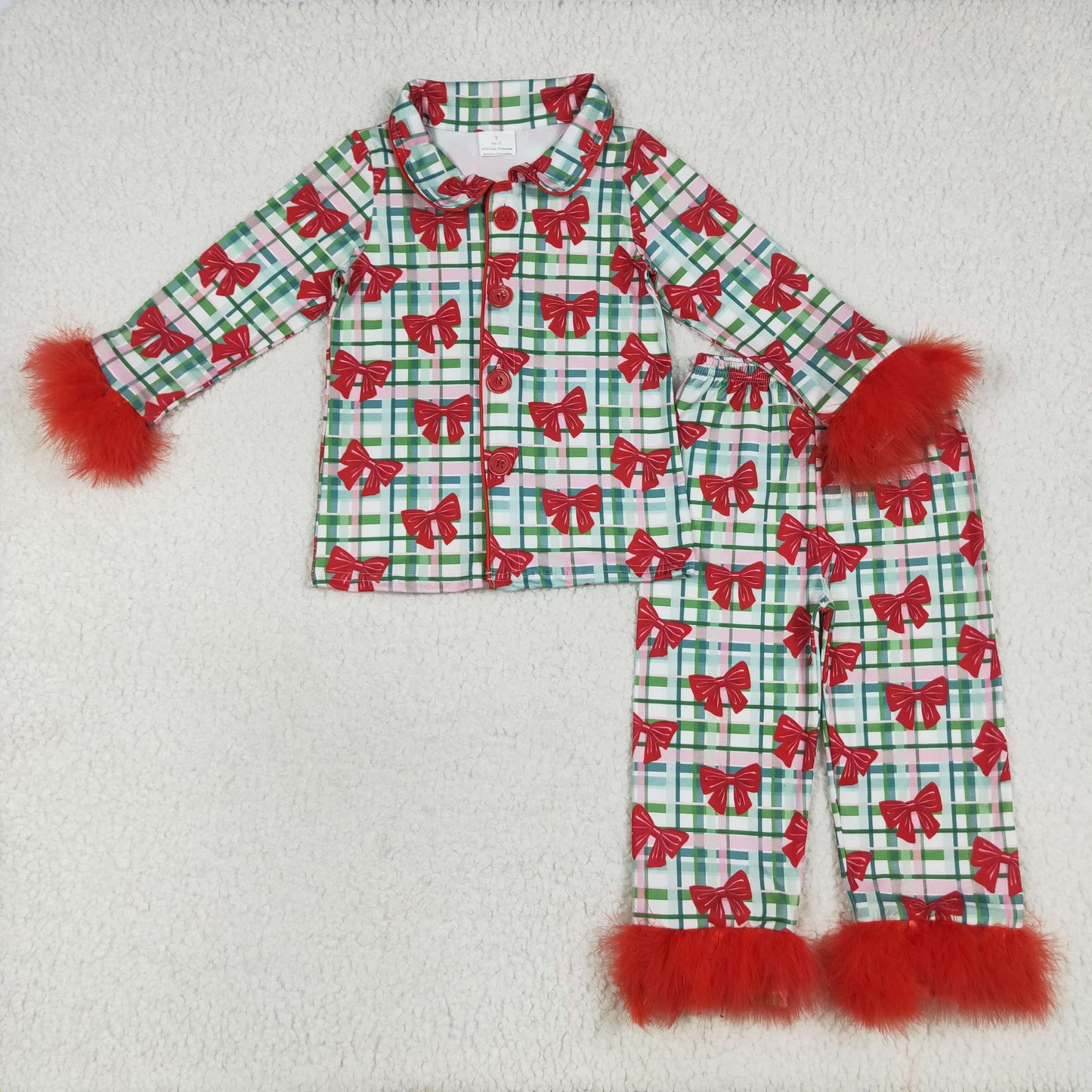 Christmas santa bows green plaid print Girls PajamasGLP2372