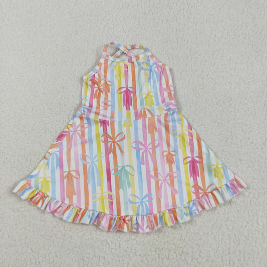 Colorful bows stripe yoga sleeveless Dress  print girl set