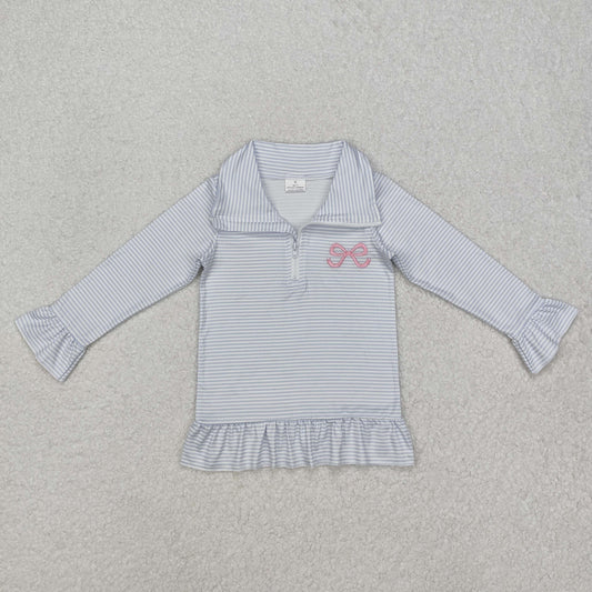 blue stripe Embroidery bow Long sleeve Shirt