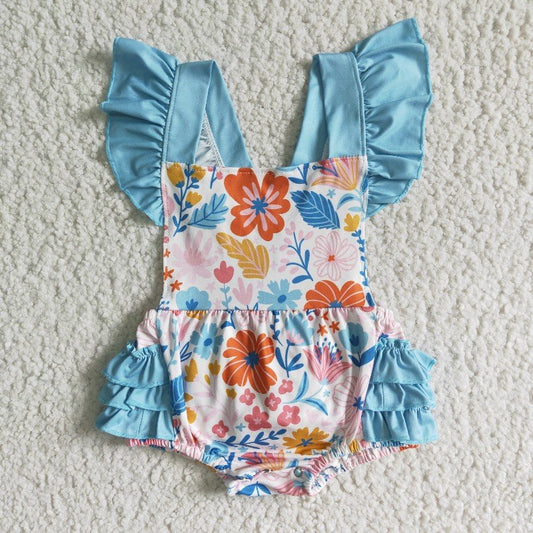 sr0037 blue floral Girls Romper (usa warehouse)