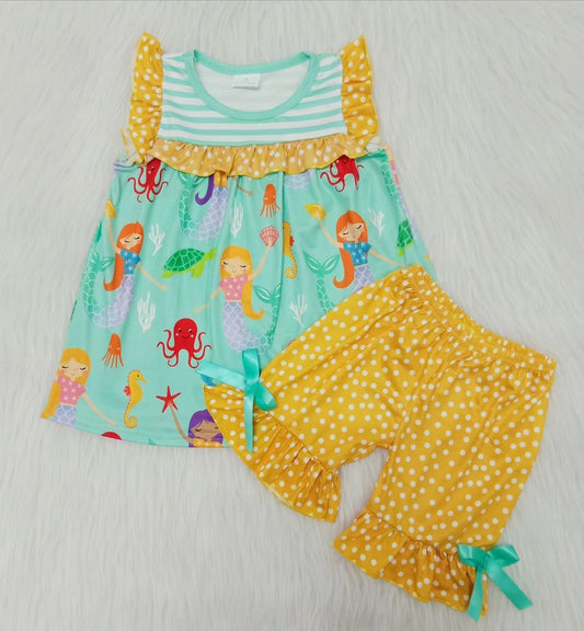 summer short green cartoon girl Boutique set