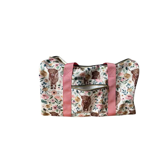 PINK HIGHLAND COW FLOWER DUFFLE BACK