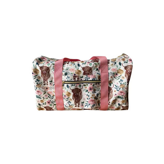 PINK HIGHLAND COW FLOWER DUFFLE BACK