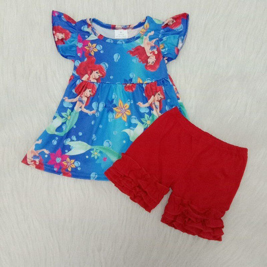 summer short black red and Blue cartoon Boutique set