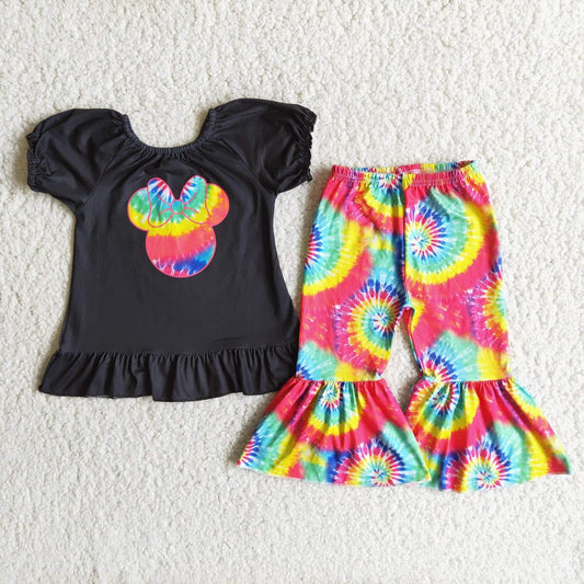 Black Cartoon Tie Dye Girls Outfits